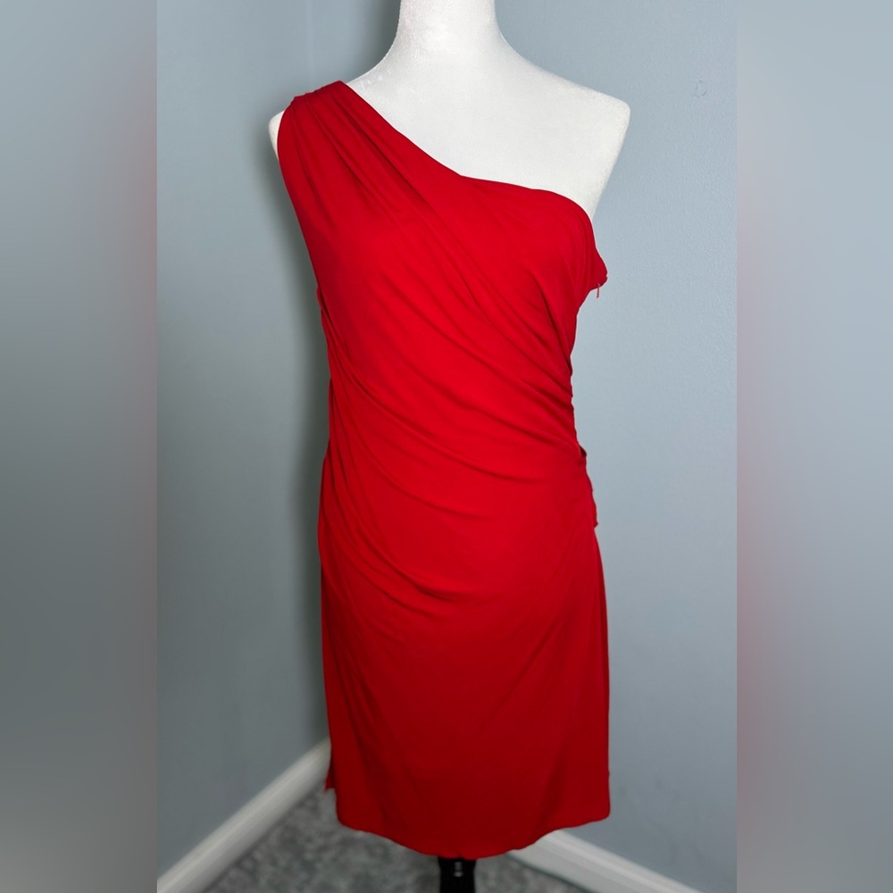 Haute Hippie Red‎ One Shoulder Draped Ruched Rayon Jersey Cocktail Dress Sz M